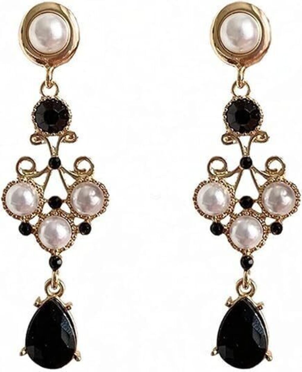 6538 Black Vintage Pearl Drop Teardrop Chandelier Long Dangle Baroque
